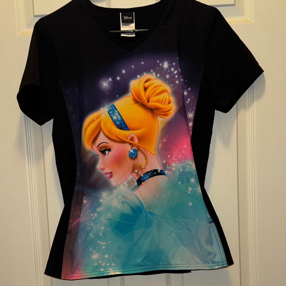 Disney Black Scrub Top with Colorful Princess Design